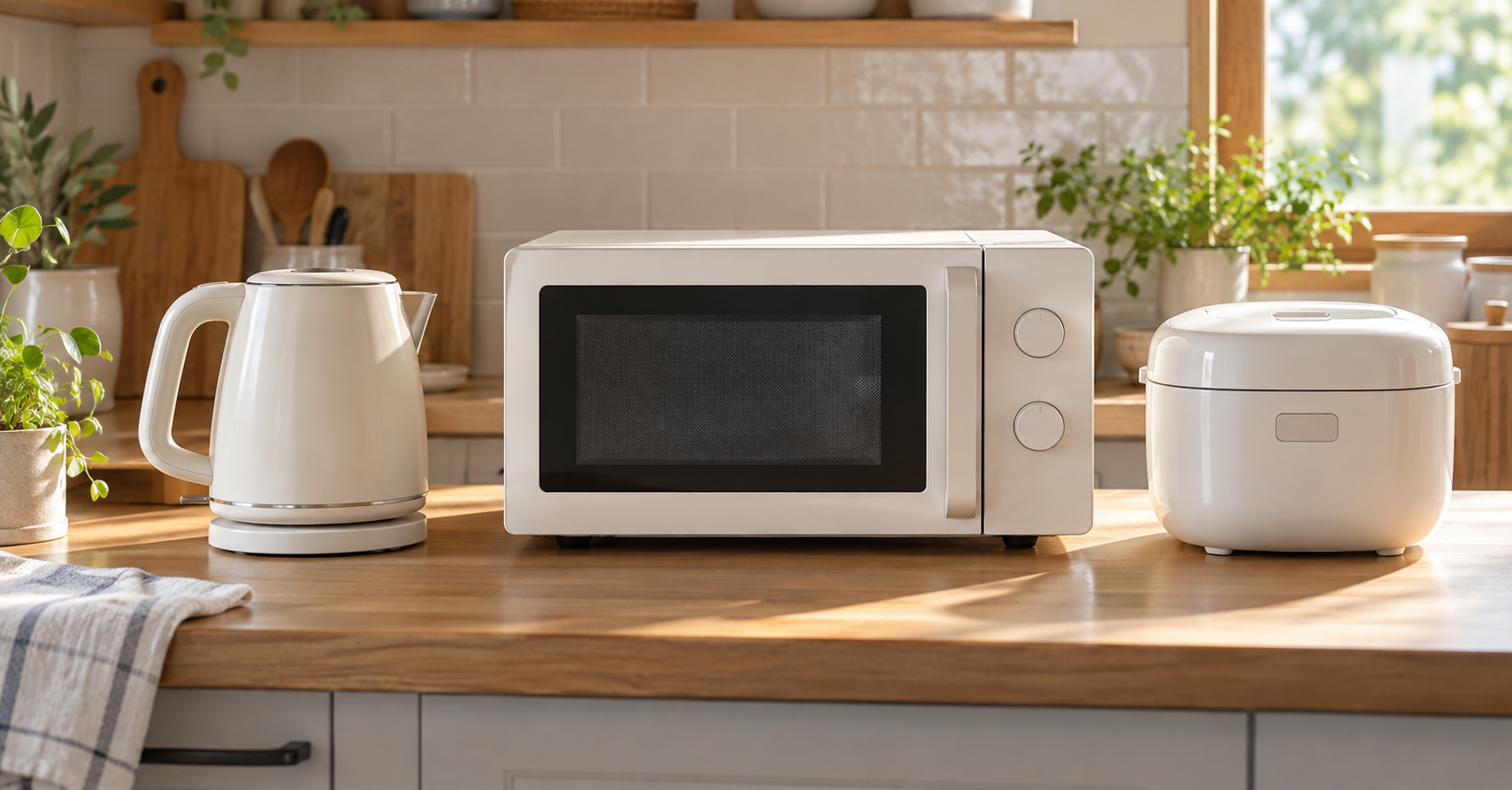同時使用を確認したい電気ケトル、電子レンジ、炊飯器が並ぶキッチン