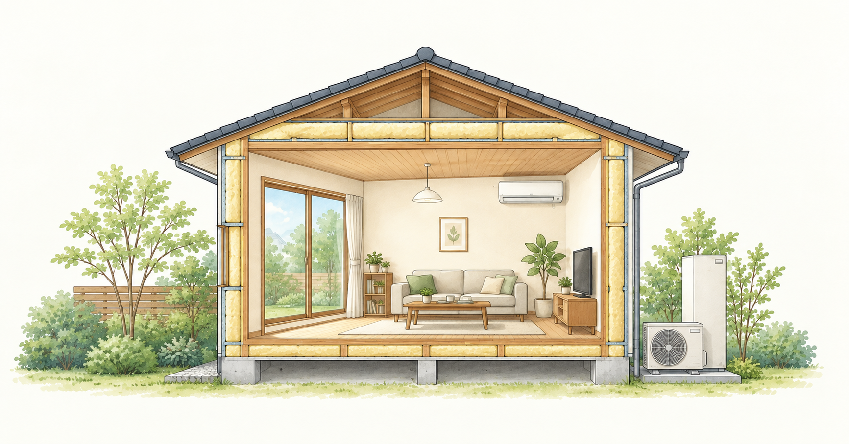 住宅の窓・壁・床・天井と冷暖房・給湯設備を示す概念イラスト