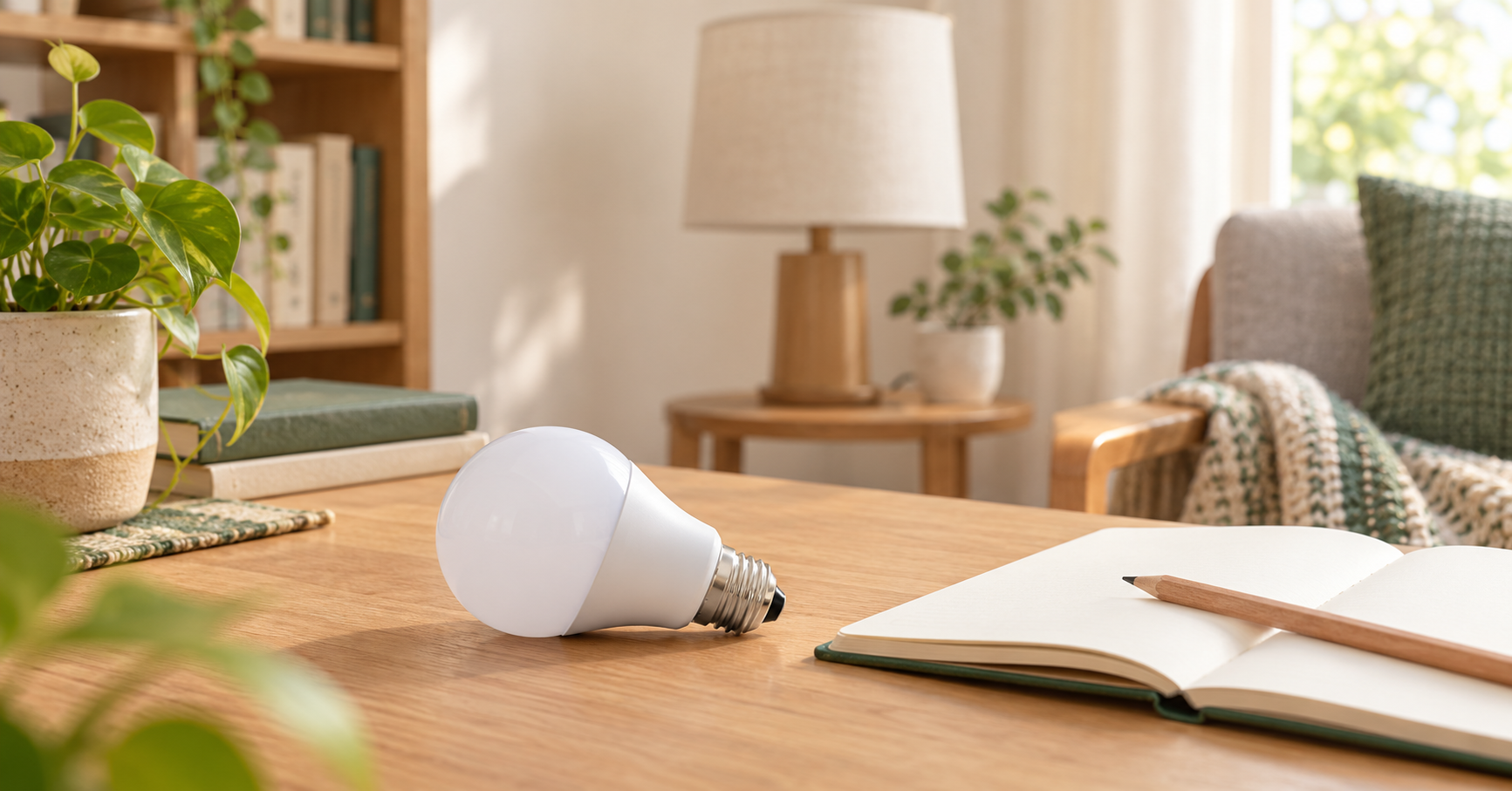 木の机に置いた白いLED電球とノート、奥にシェード付き照明がある部屋のイメージ
